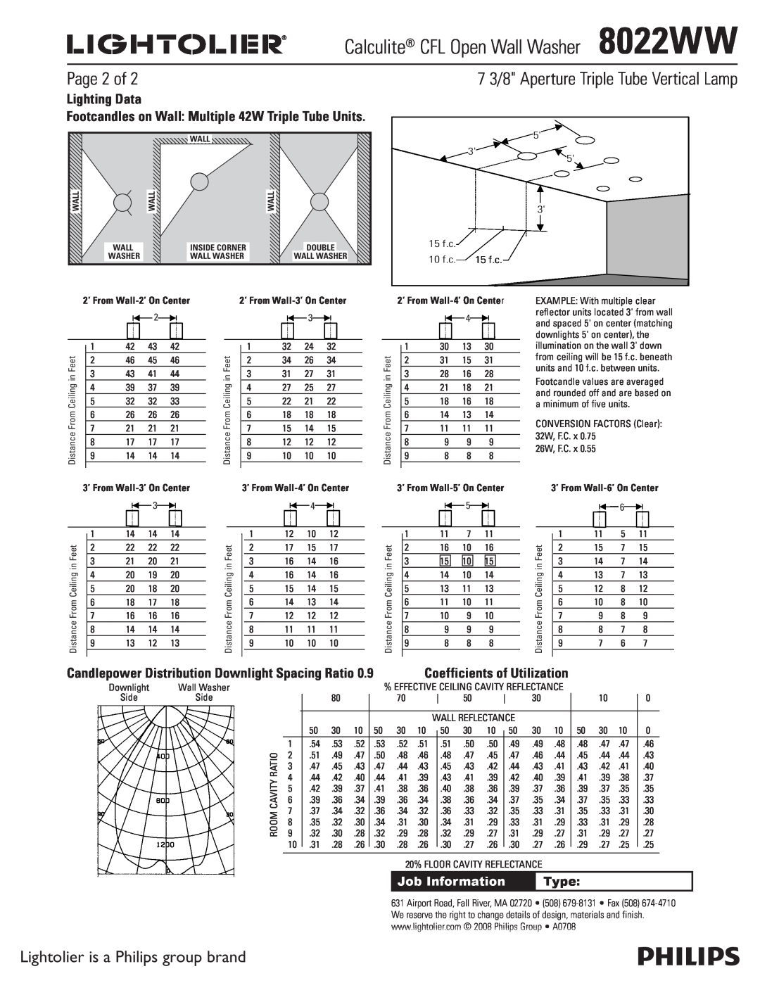Lightolier 8022WW specifications Page 2 of, 7 3/8 Aperture Triple Tube Vertical Lamp, Lighting Data, Type, Job Information 