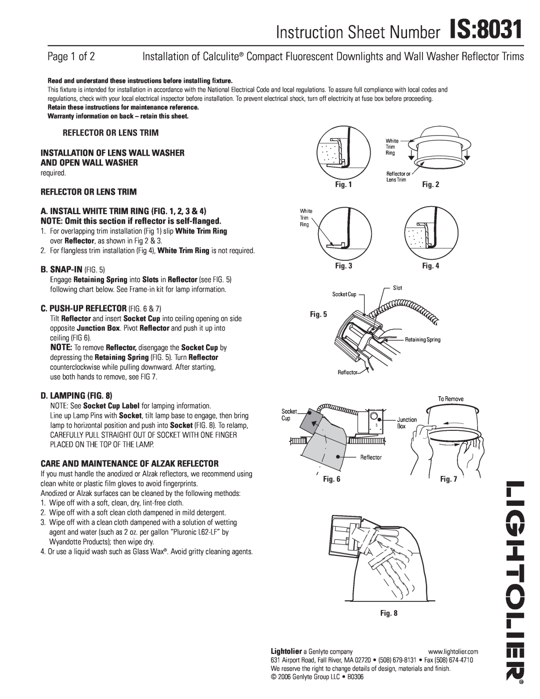 Lightolier 8031 instruction sheet Instruction Sheet Number IS, Page 1 of, Reflector Or Lens Trim, And Open Wall Washer 