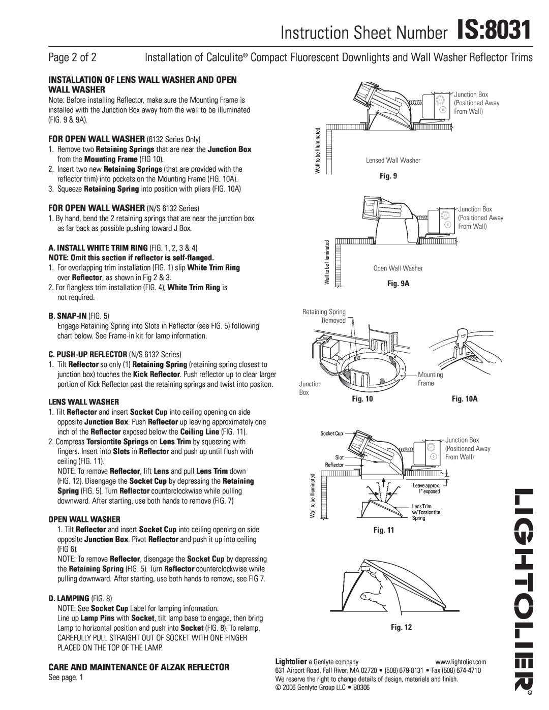 Lightolier 8031 instruction sheet Page 2 of, FOR OPEN WALL WASHER 6132 Series Only, FOR OPEN WALL WASHER N/S 6132 Series 