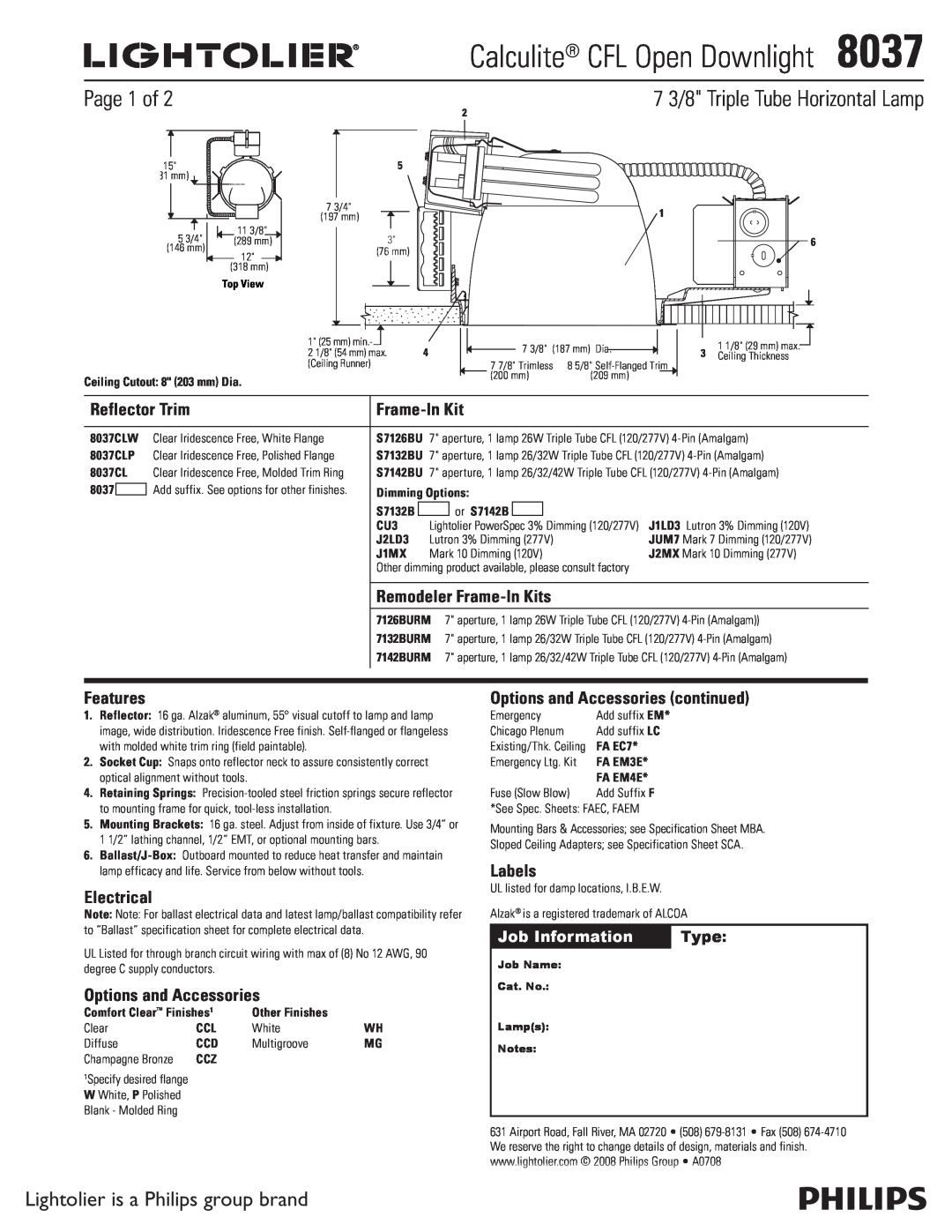 Lightolier 8037 specifications Page 1 of, Lightolier is a Philips group brand, Job Information, Type, Reflector Trim 