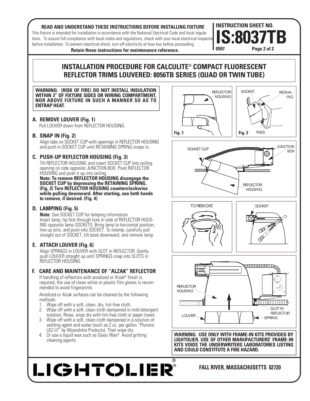 Lightolier 8037TB instruction sheet Snap in Fig, Reflector Housing 