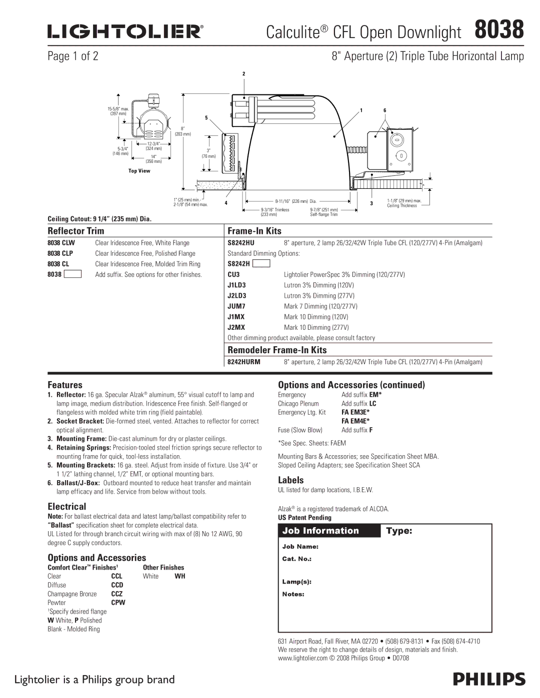 Lightolier 8038 specifications Reflector Trim, Remodeler Frame-In Kits, Features, Electrical, Options and Accessories 