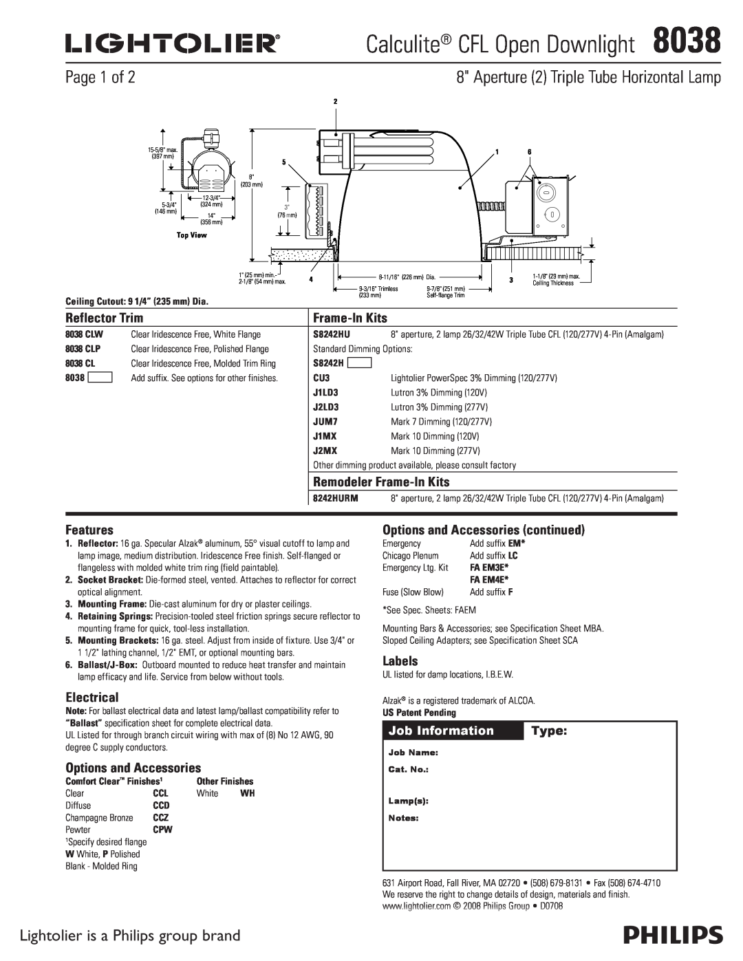 Lightolier specifications Calculite CFL Open Downlight8038, Page 1 of, Aperture 2 Triple Tube Horizontal Lamp, Features 