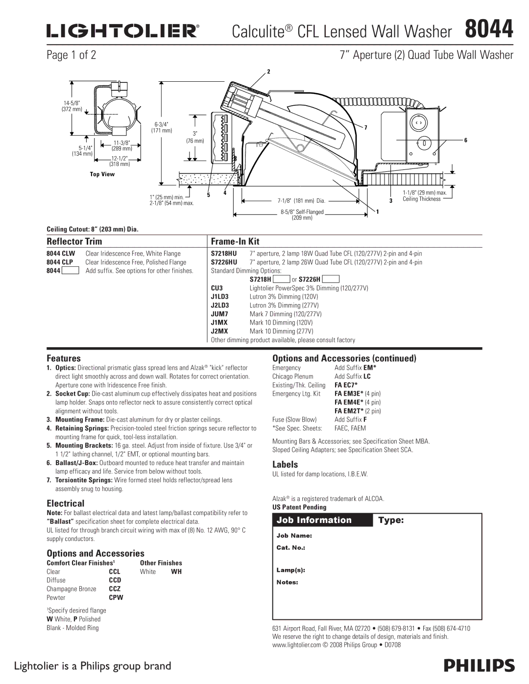 Lightolier 8044 specifications Reflector Trim Frame-In Kit, Features, Electrical, Options and Accessories, Labels 