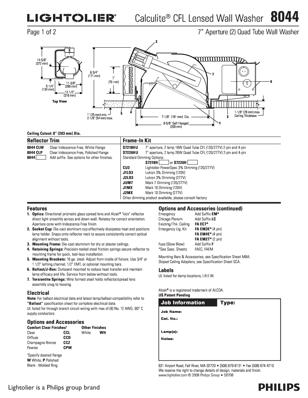 Lightolier 8044 specifications Page 1 of, 7” Aperture 2 Quad Tube Wall Washer, Lightolier is a Philips group brand, Labels 