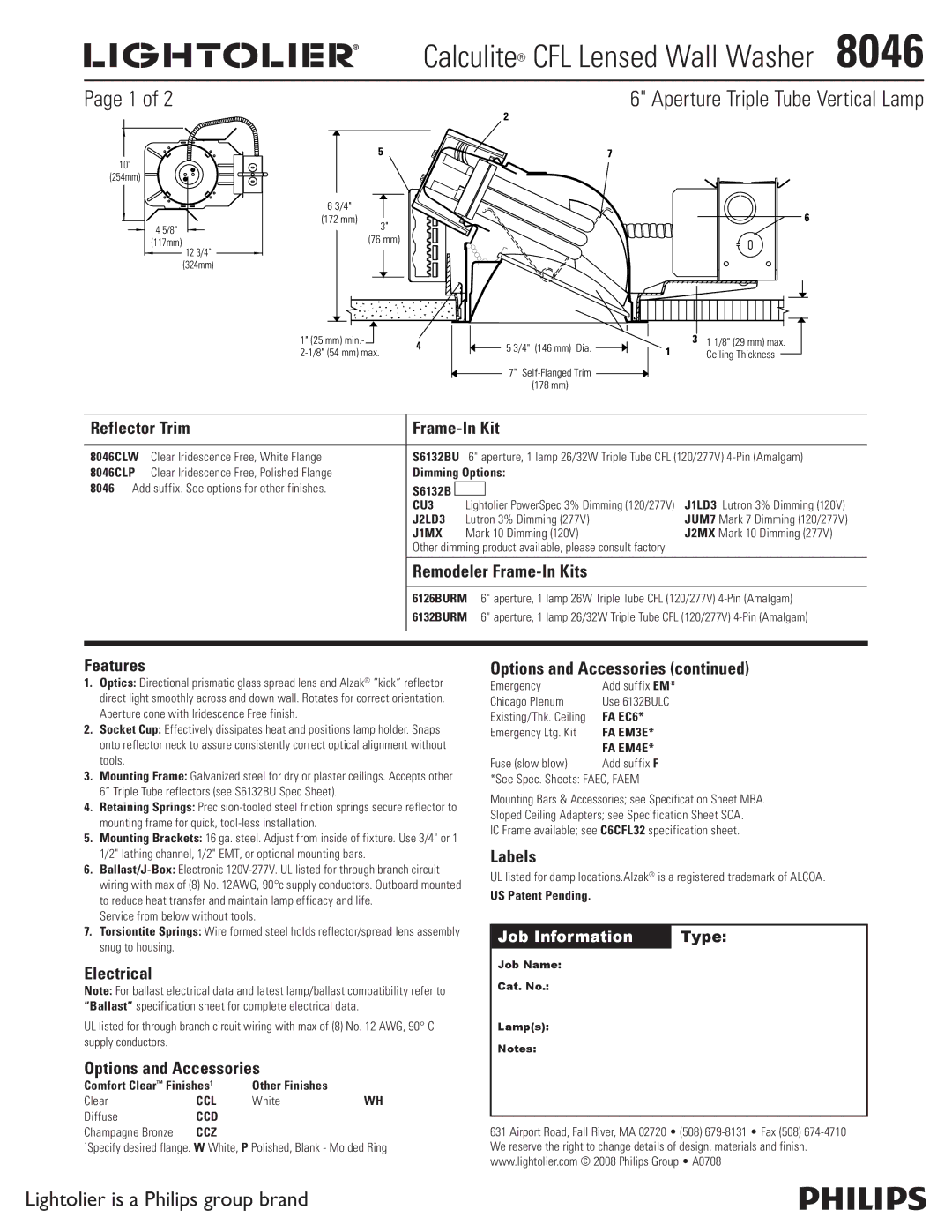 Lightolier 8046 specifications Reflector Trim Frame-In Kit, Remodeler Frame-In Kits, Features, Electrical, Labels 