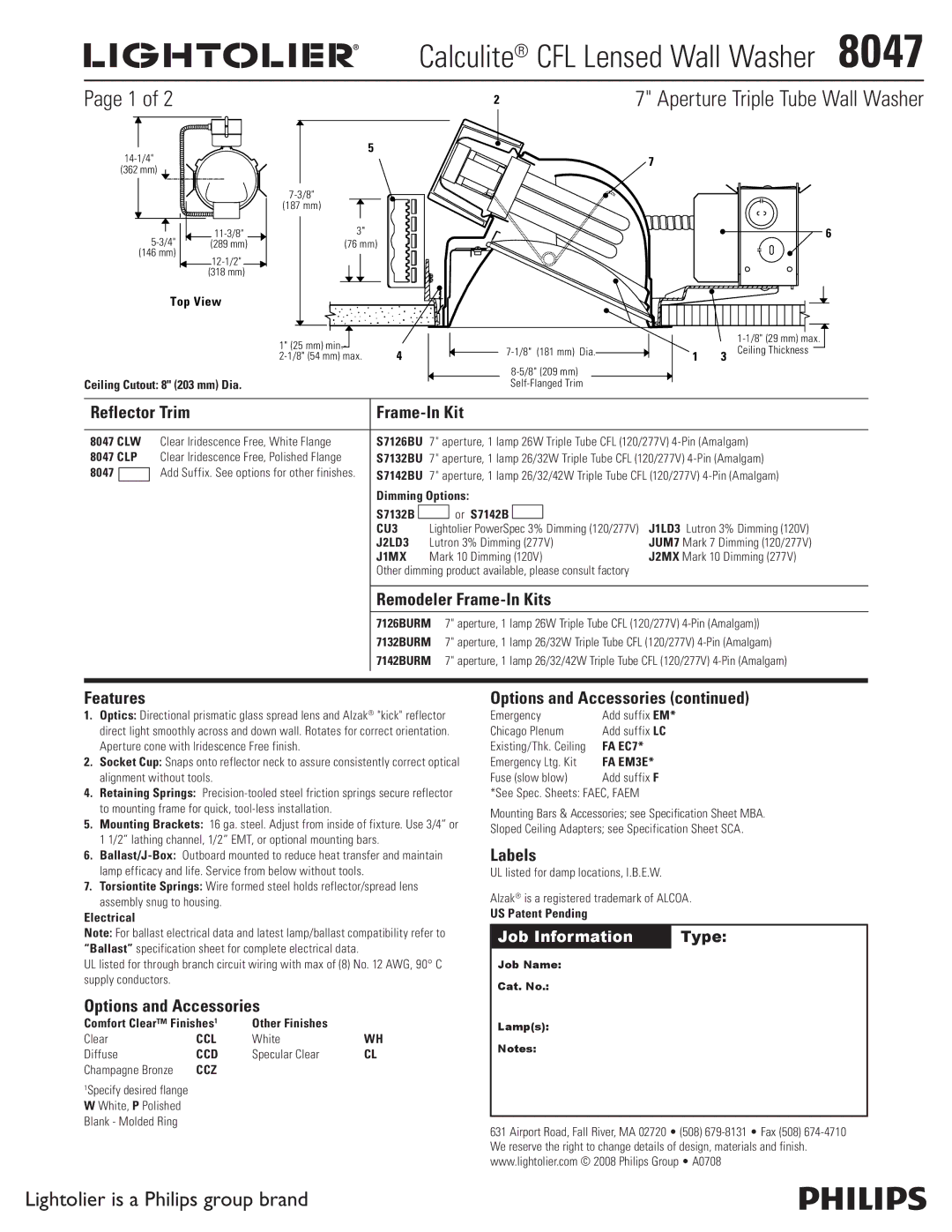 Lightolier 8047 specifications Aperture Triple Tube Wall Washer, Reflector Trim Frame-In Kit, Remodeler Frame-In Kits 