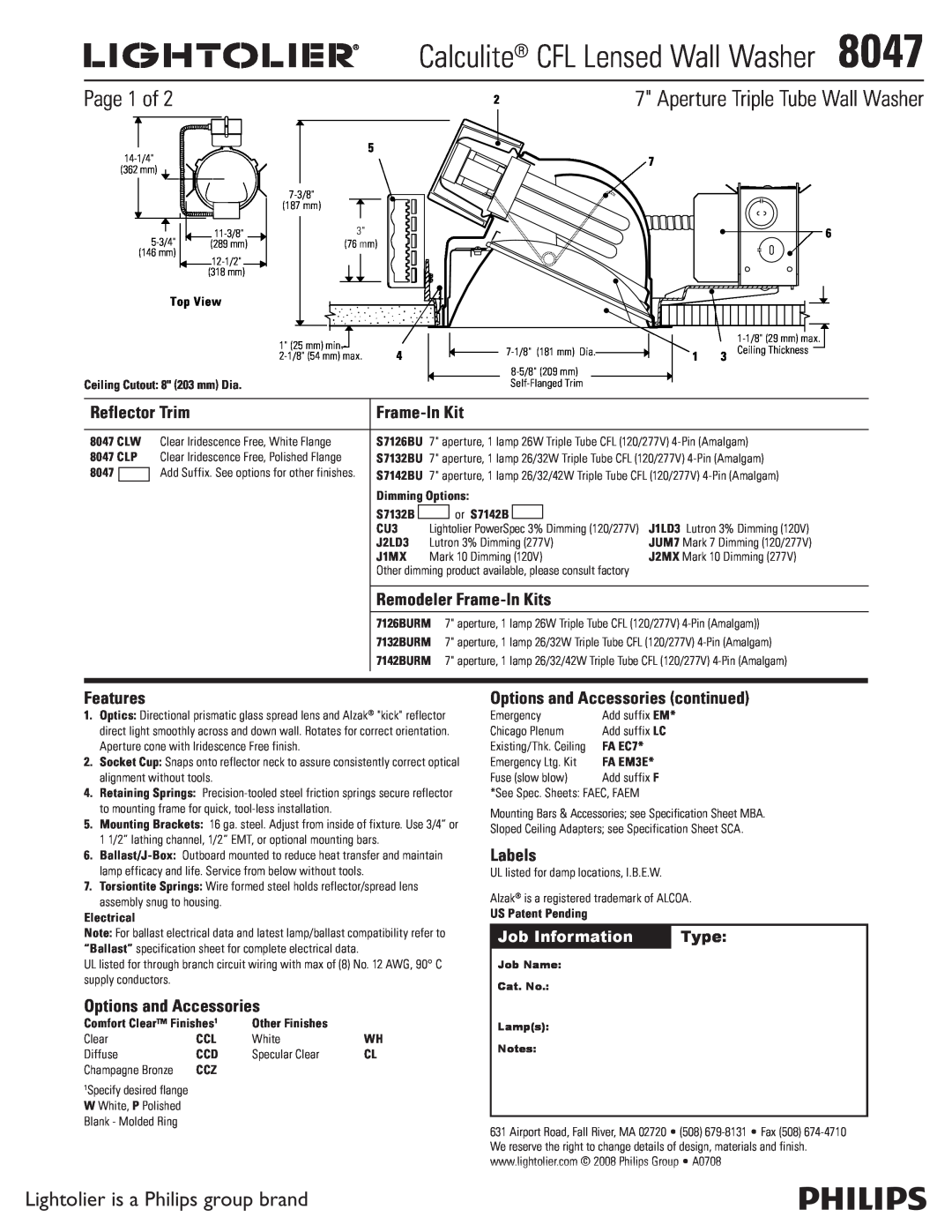 Lightolier 8047 specifications Page 1 of, Lightolier is a Philips group brand, Aperture Triple Tube Wall Washer, Features 