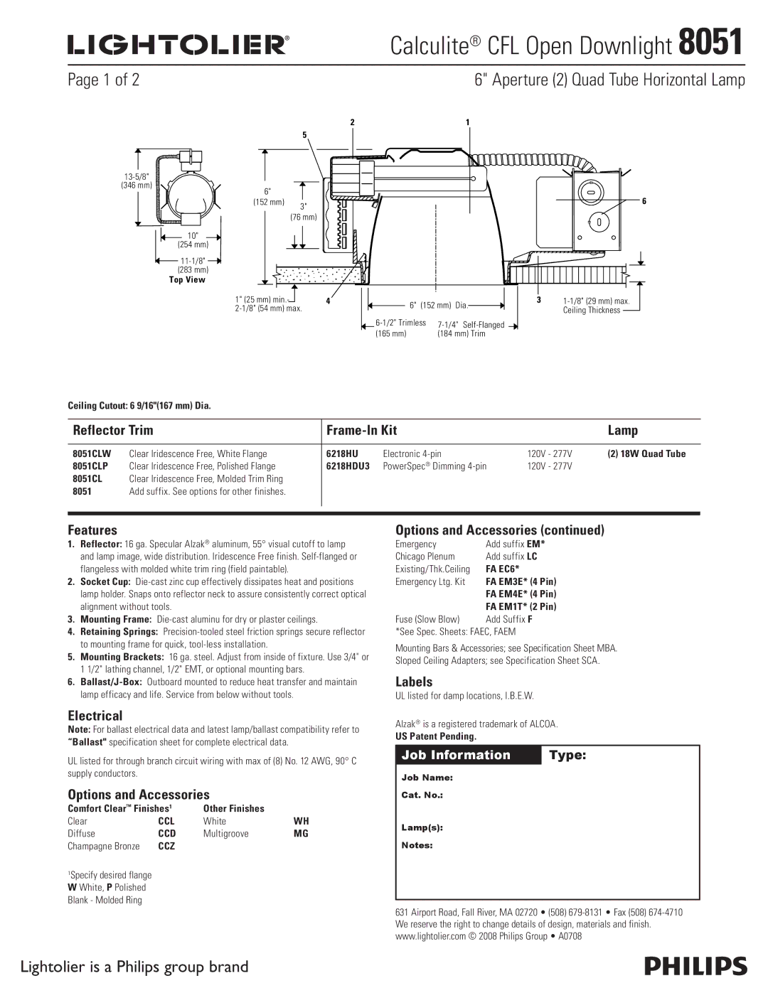 Lightolier 8051 specifications Reflector Trim Frame-In Kit Lamp, Features, Electrical, Options and Accessories, Labels 