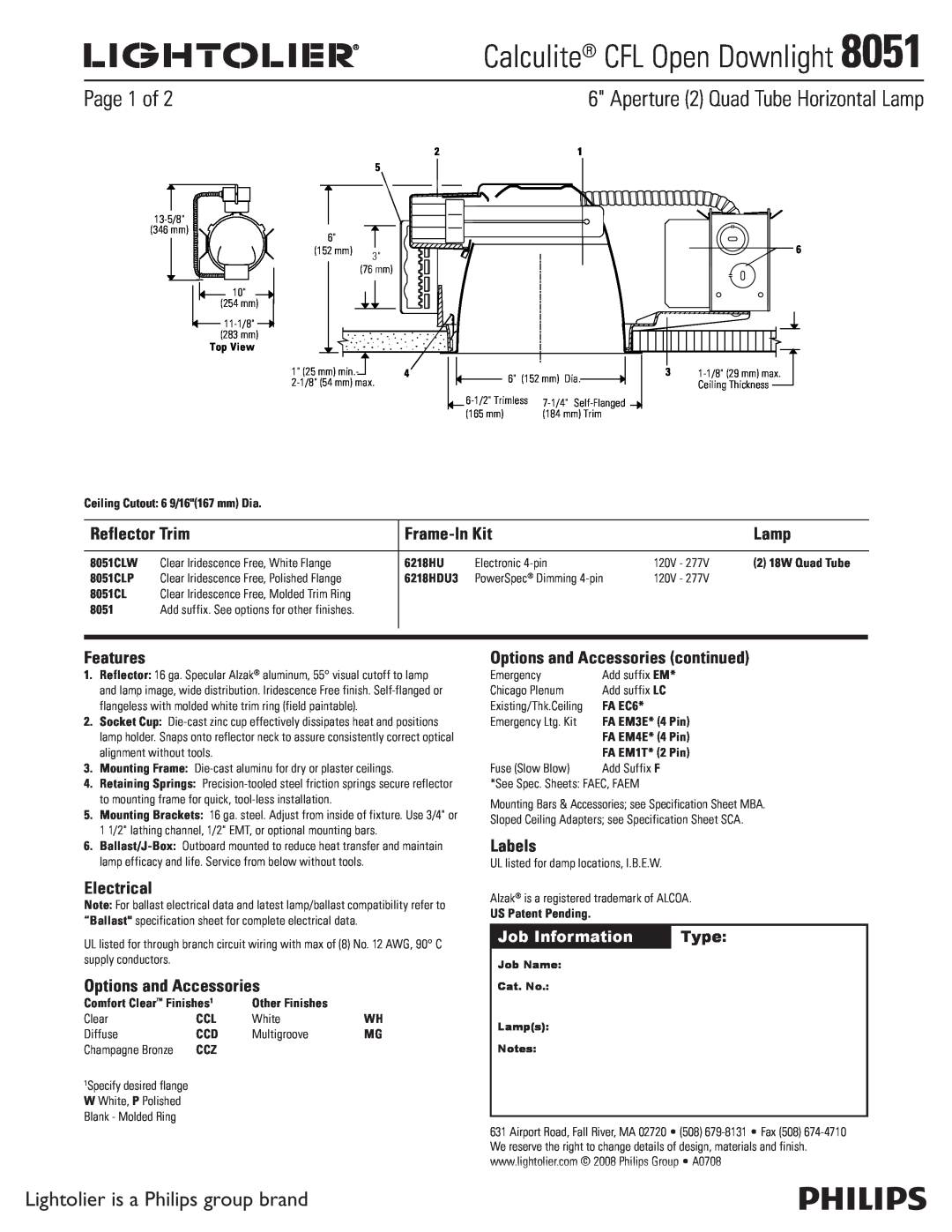 Lightolier 8051 specifications Calculite CFL Open Downlight, Aperture 2 Quad Tube Horizontal Lamp, Page 1 of, Frame-InKit 