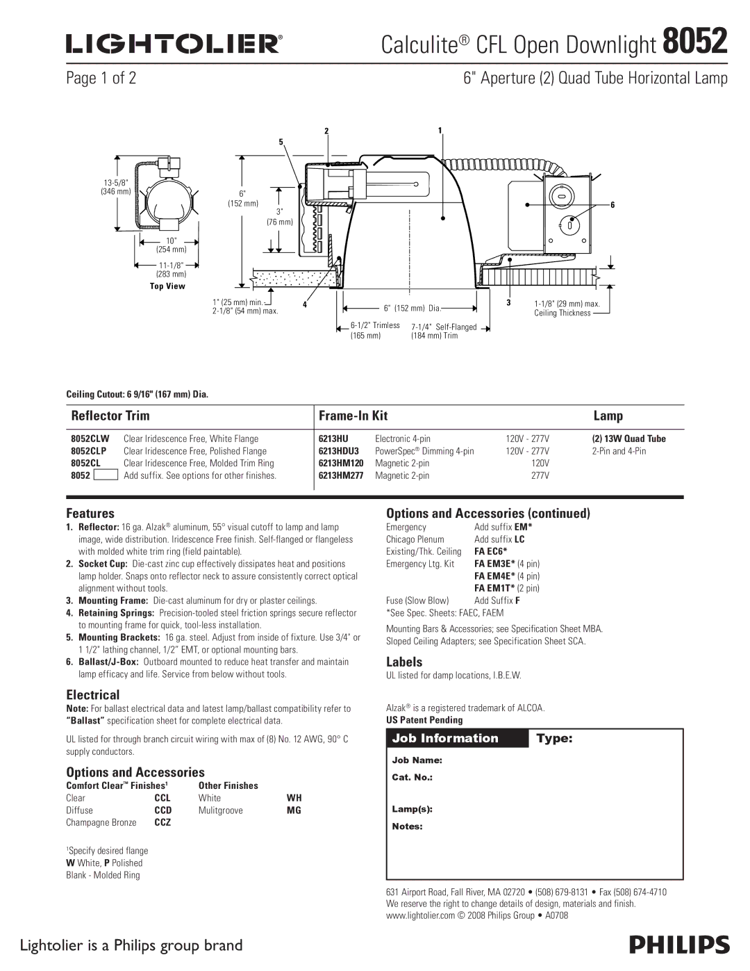 Lightolier 8052 specifications Reflector Trim Frame-In Kit Lamp, Features, Electrical, Options and Accessories, Labels 