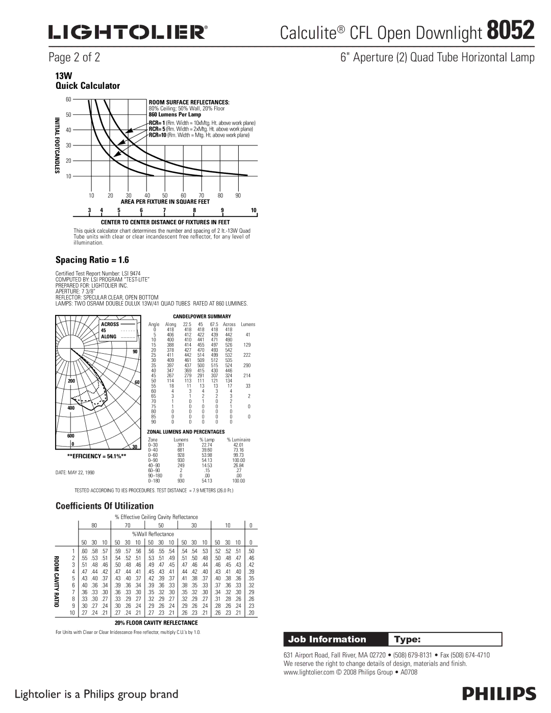 Lightolier 8052 specifications 13W Quick Calculator, Spacing Ratio =, Coefficients Of Utilization 