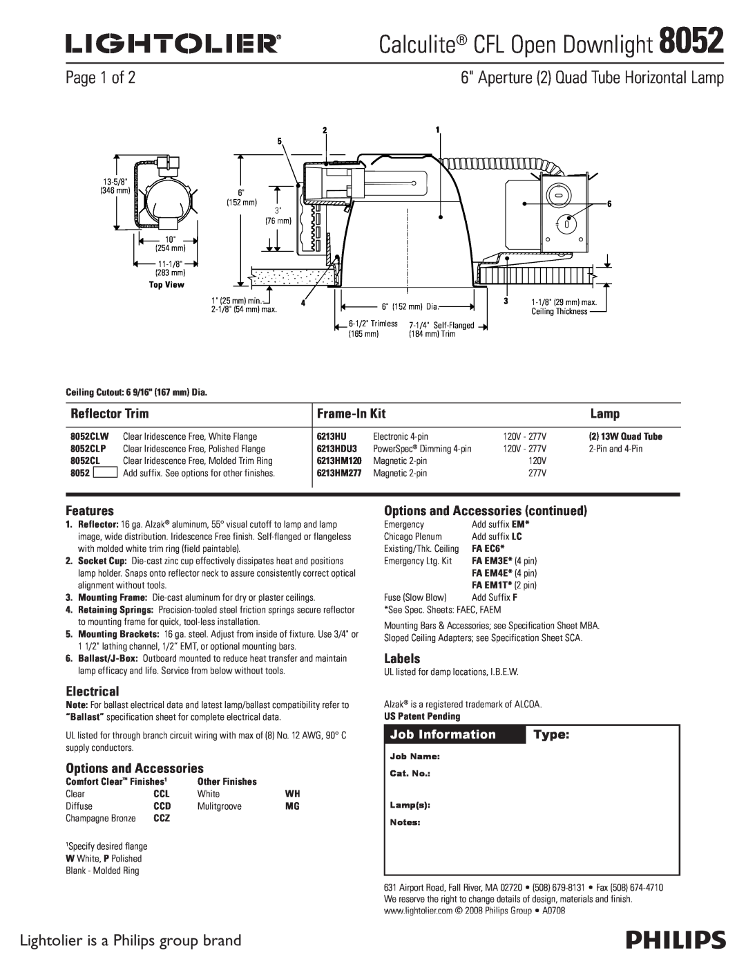 Lightolier 8052 specifications Aperture 2 Quad Tube Horizontal Lamp, Page 1 of, Lightolier is a Philips group brand, Type 