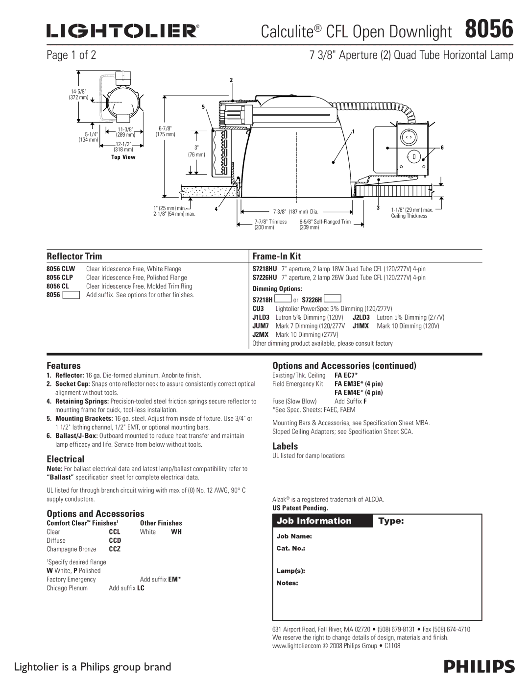 Lightolier 8056 specifications Reflector Trim Frame-In Kit, Features, Electrical, Options and Accessories, Labels 