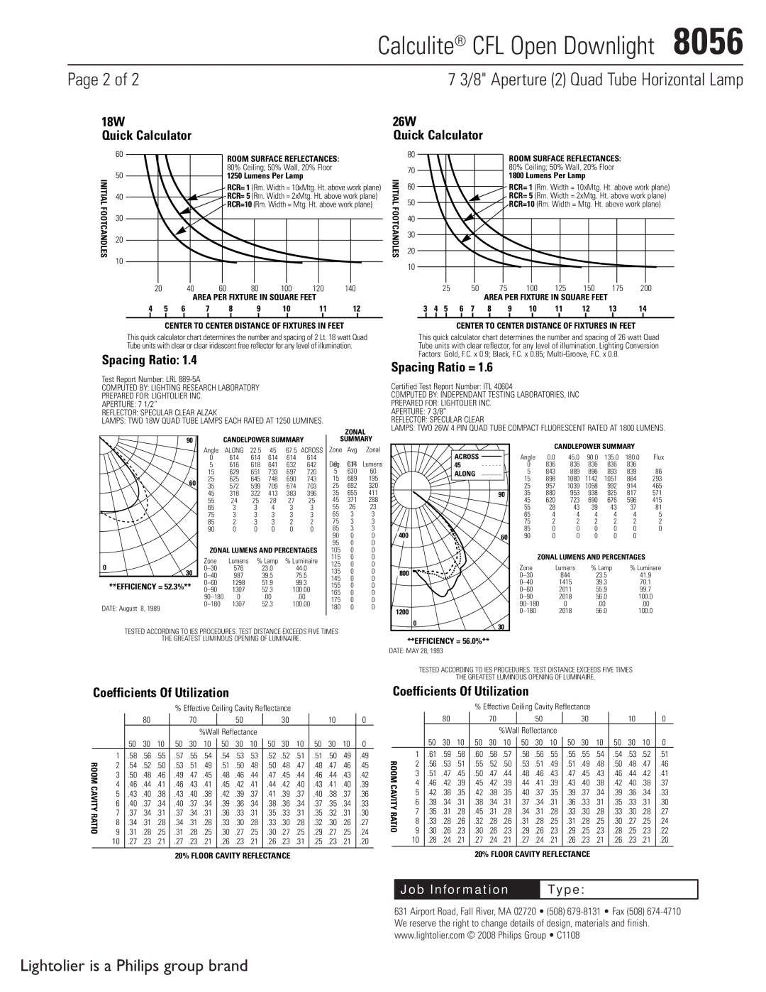 Lightolier 8056 specifications 18W Quick Calculator, 26W Quick Calculator, Spacing Ratio =, Coefficients Of Utilization 