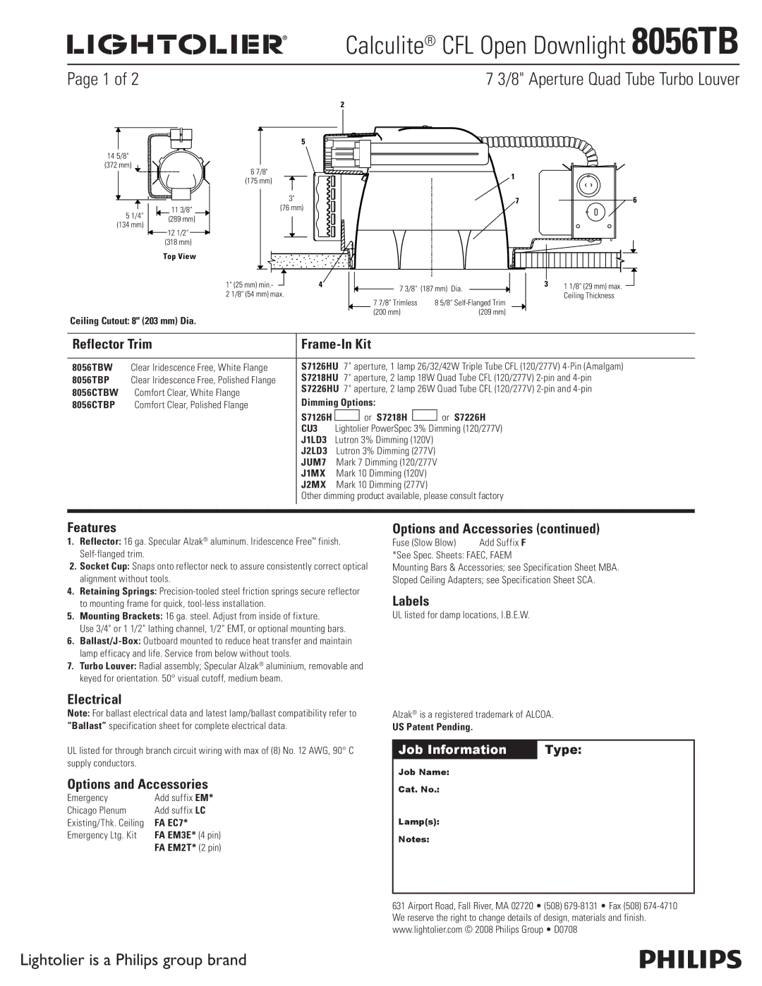 Lightolier 8056TB specifications Reflector Trim Frame-In Kit, Features, Electrical, Options and Accessories, Labels 