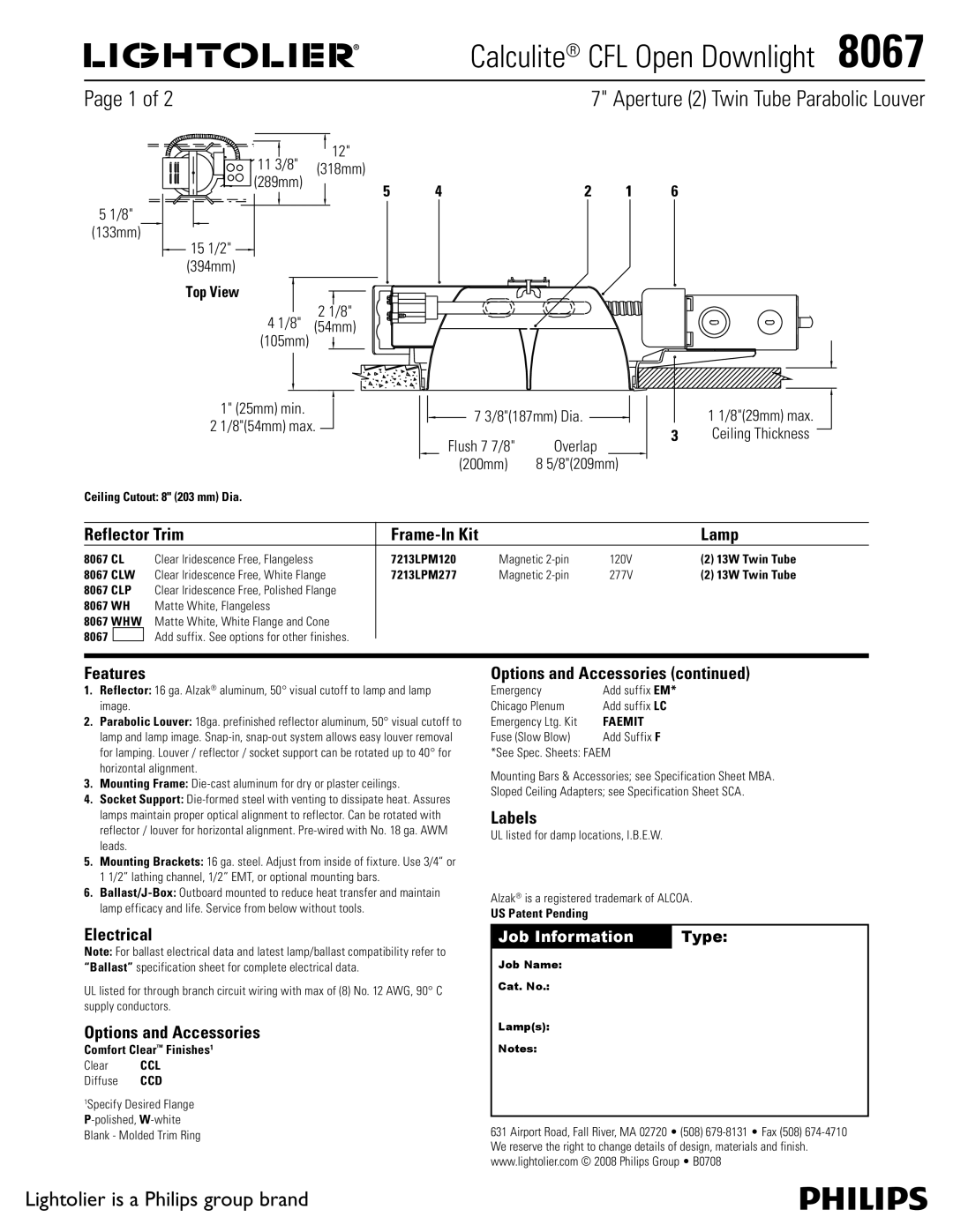 Lightolier 8067 specifications Reflector Trim Frame-In Kit Lamp, Features, Electrical, Options and Accessories, Labels 