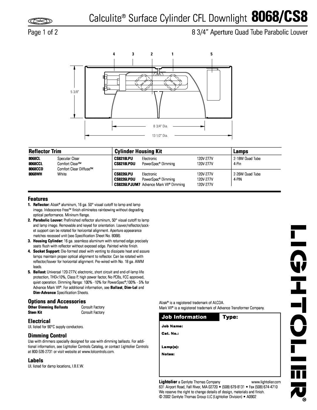 Lightolier 8068-CS8 specifications Calculite Surface Cylinder CFL Downlight 8068/CS8, Job Information, Type, Page 1 of 