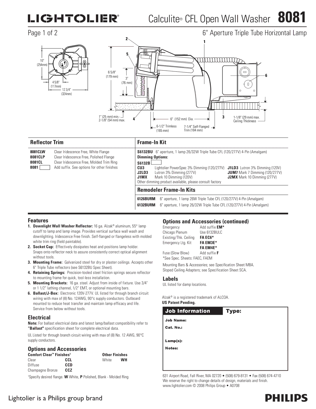 Lightolier 8081 specifications Reflector Trim Frame-In Kit, Remodeler Frame-In Kits, Features, Electrical, Labels 