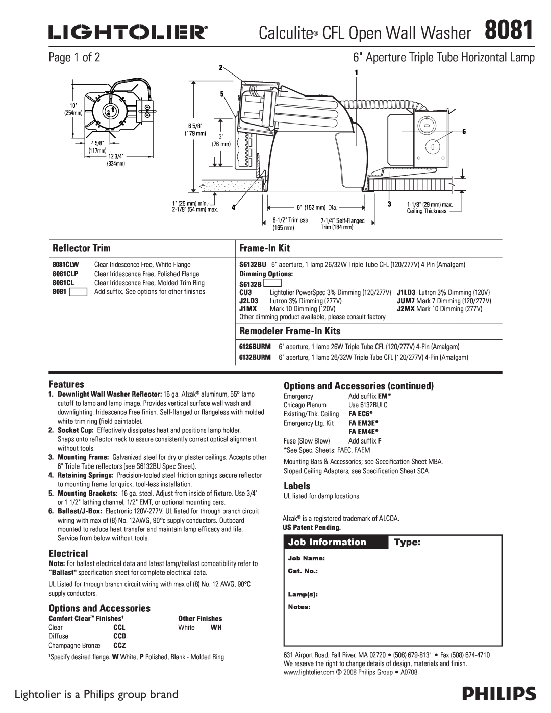 Lightolier 8081 specifications Page 1 of, Lightolier is a Philips group brand, Job Information, Type, Reflector Trim 