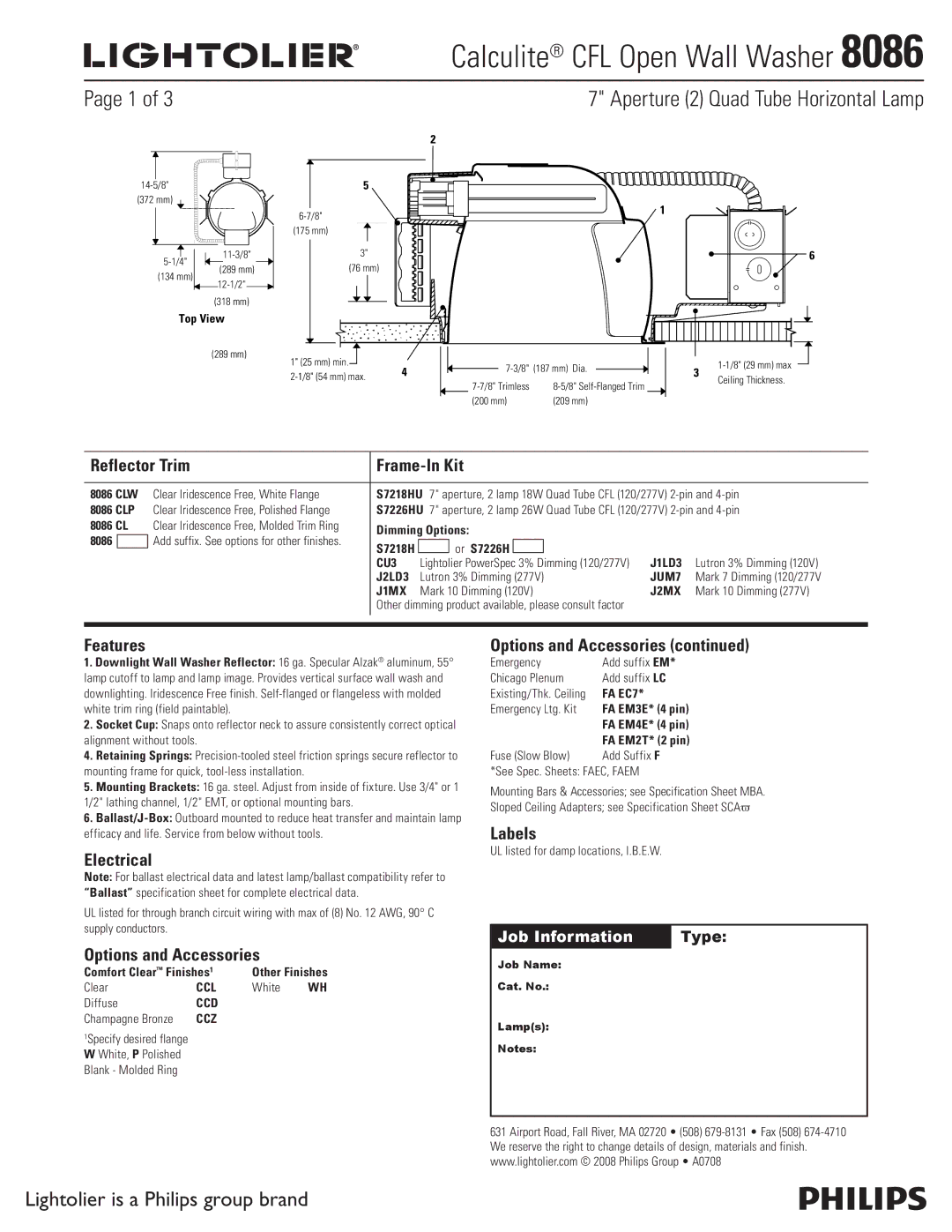 Lightolier 8086 specifications Reflector Trim Frame-In Kit, Features, Electrical, Options and Accessories, Labels 