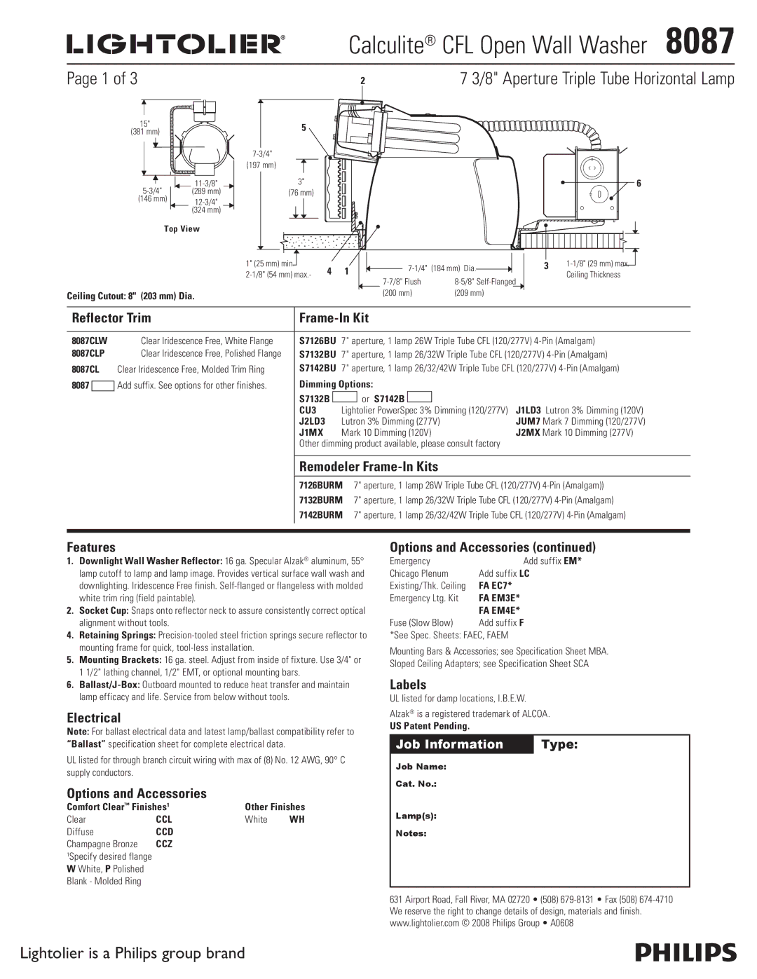 Lightolier 8087 specifications Aperture Triple Tube Horizontal Lamp, Reflector Trim Frame-In Kit, Remodeler Frame-In Kits 