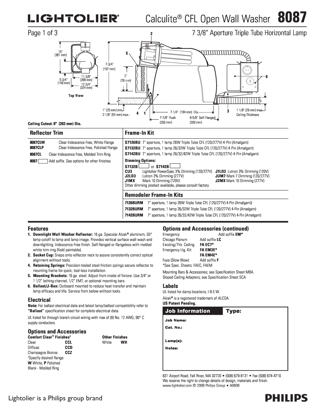 Lightolier 8087 specifications Page 1 of, Lightolier is a Philips group brand, 7 3/8 Aperture Triple Tube Horizontal Lamp 
