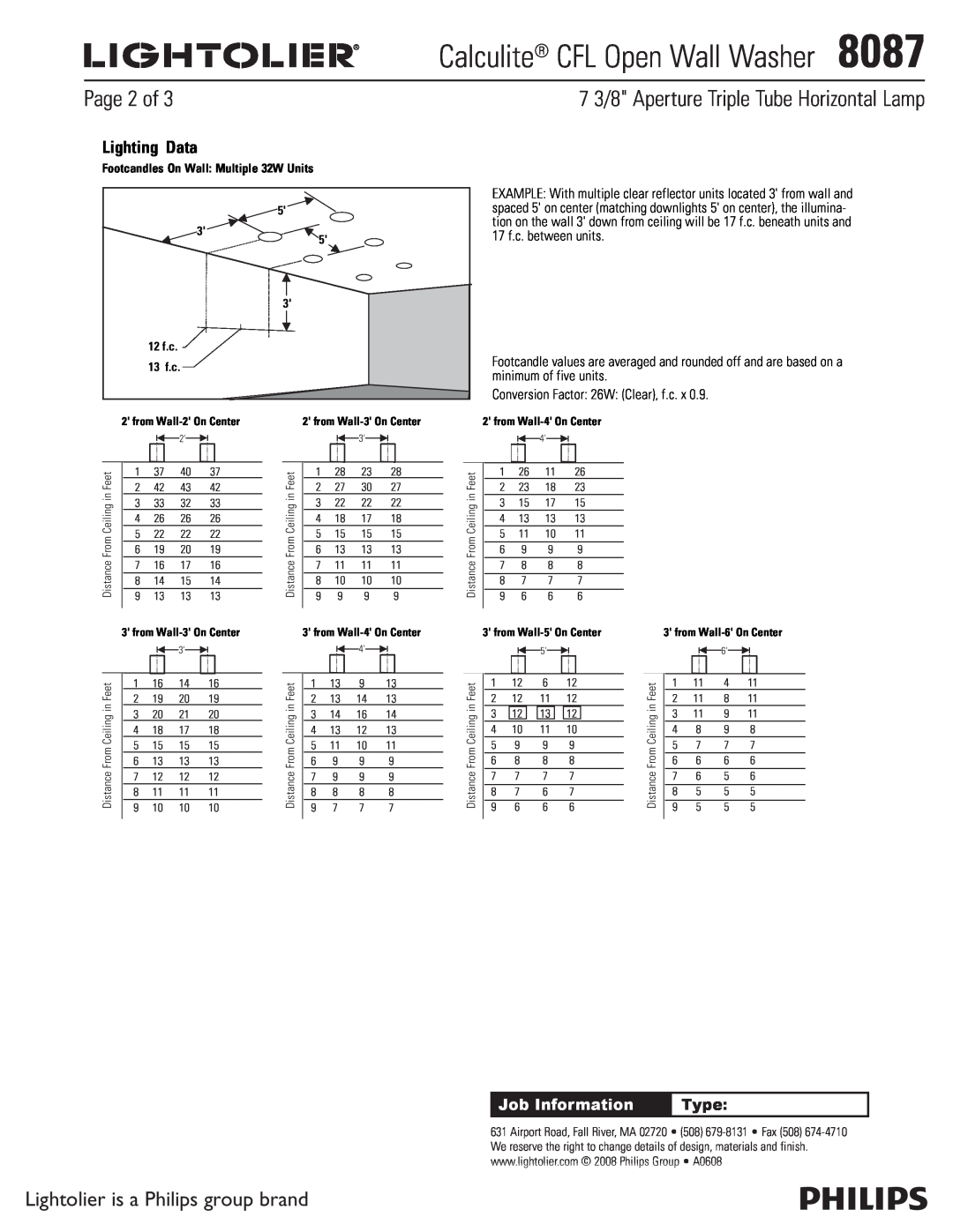 Lightolier 7 3/8 Aperture Triple Tube Horizontal Lamp, Page 2 of, Lighting Data, Calculite CFL Open Wall Washer8087 