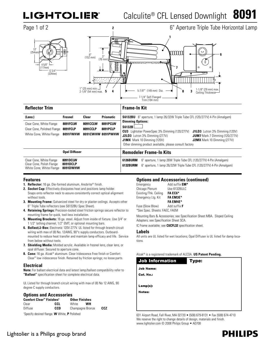 Lightolier 8091 specifications Reflector Trim Frame-In Kit, Remodeler Frame-In Kits, Features, Electrical, Labels 