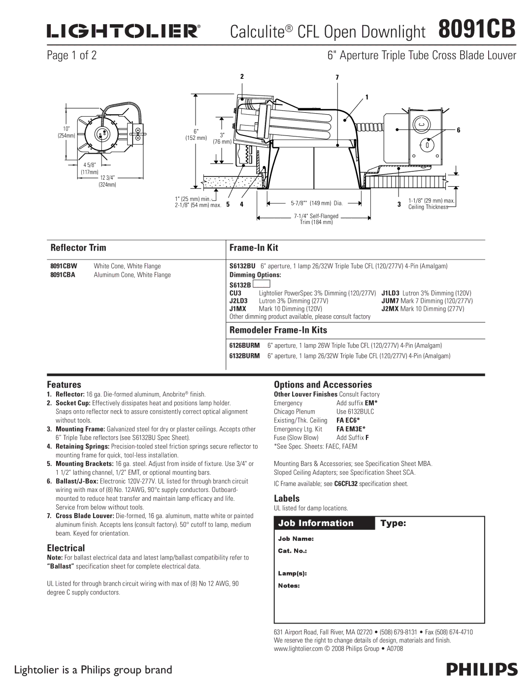 Lightolier 8091CB specifications Reflector Trim Frame-In Kit, Remodeler Frame-In Kits, Features, Electrical, Labels 