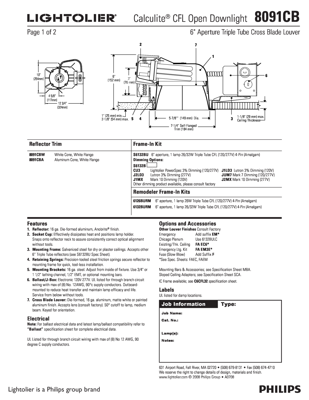 Lightolier 8091CB specifications Aperture Triple Tube Cross Blade Louver, Page 1 of, Lightolier is a Philips group brand 