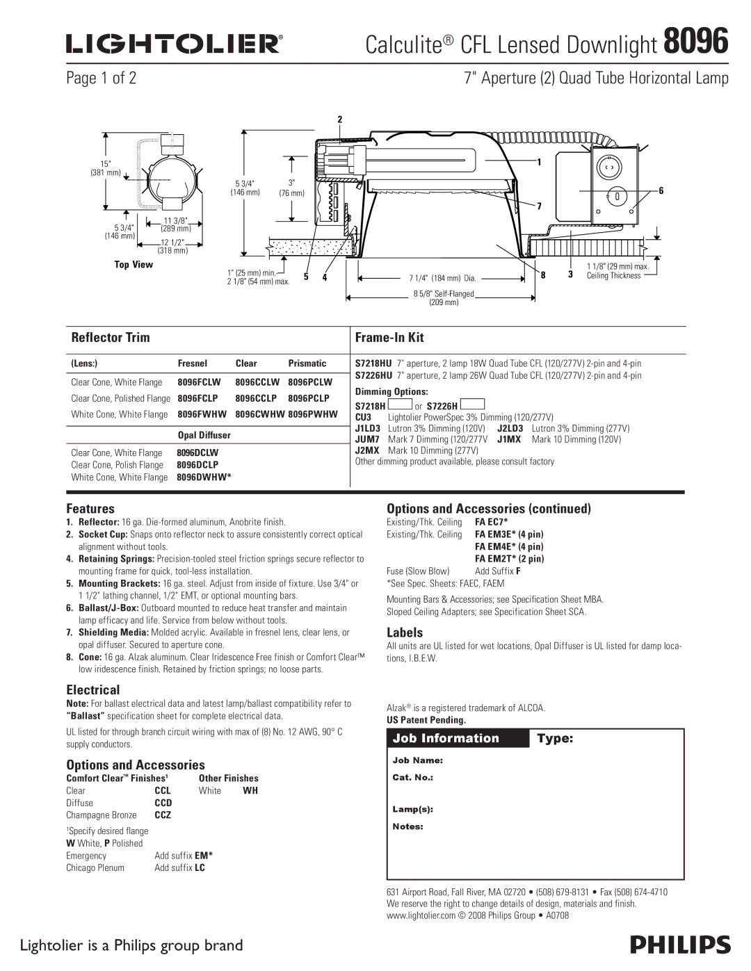 Lightolier 8096 specifications Reflector Trim Frame-In Kit, Features, Electrical, Options and Accessories, Labels 