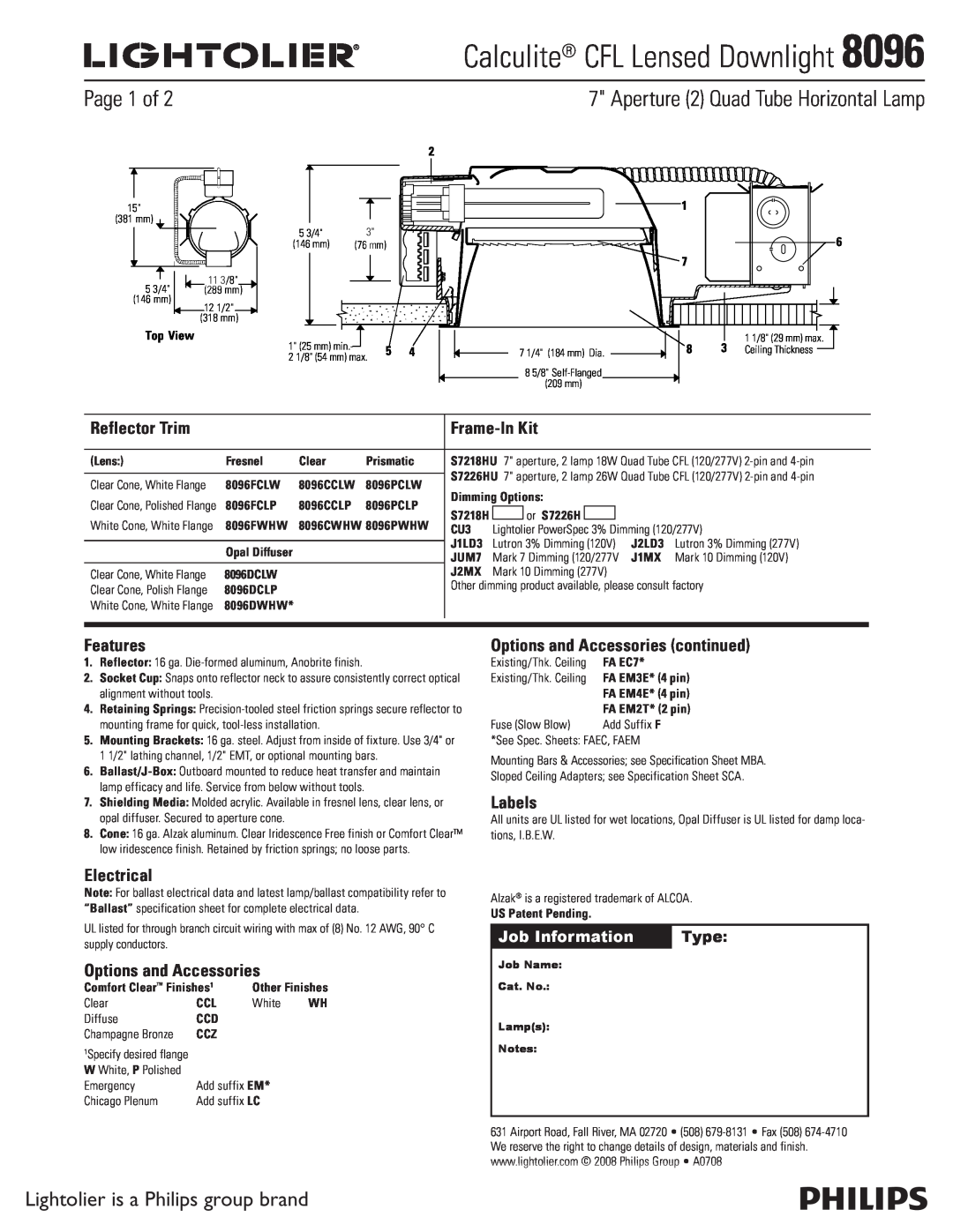 Lightolier 8096 specifications Page 1 of, Lightolier is a Philips group brand, Job Information, Type, Reflector Trim 