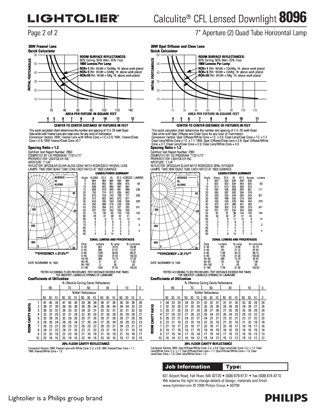Lightolier 8096 Calculite CFL Lensed Downlight, Page 2 of, Lightolier is a Philips group brand, Job Information, Type 