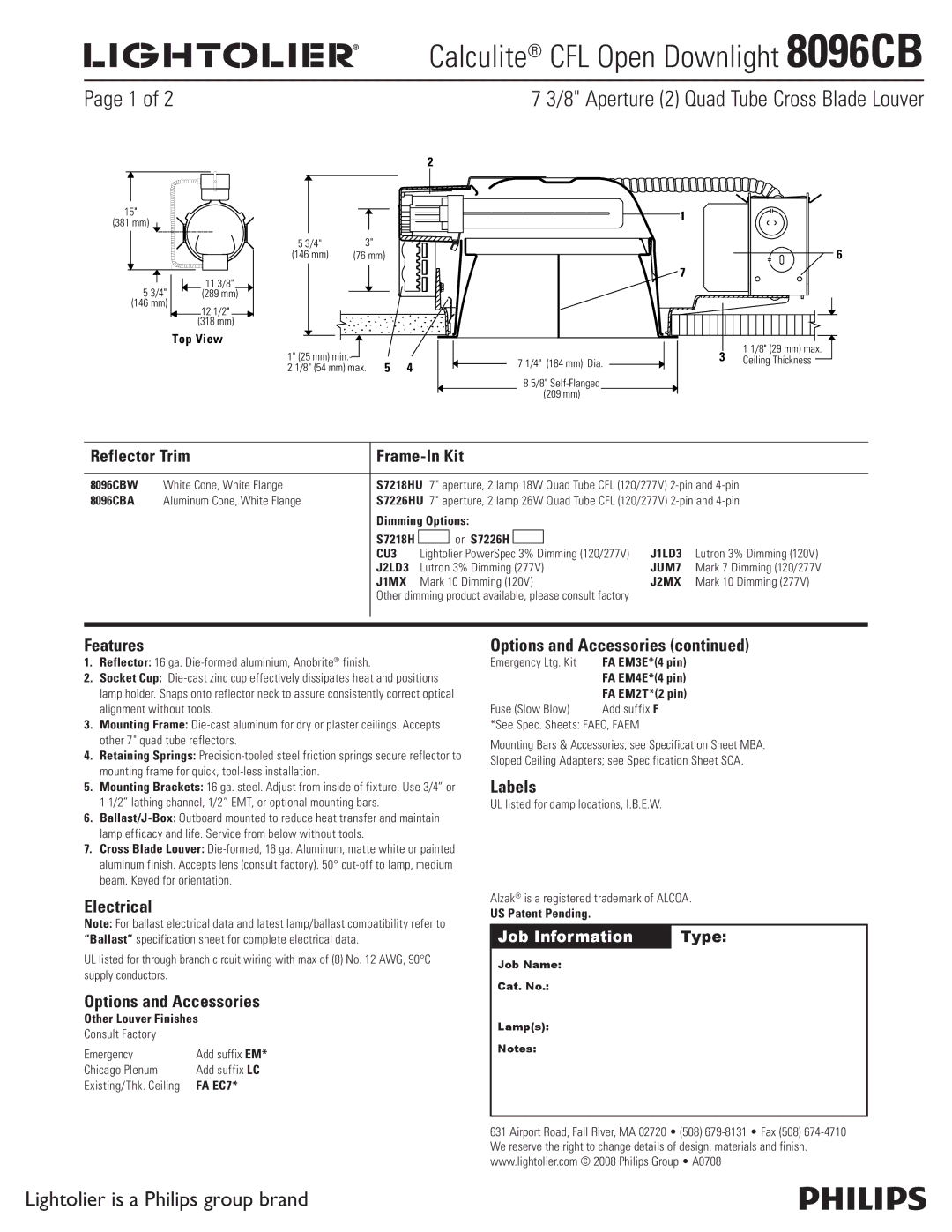 Lightolier 8096CB specifications Reflector Trim Frame-In Kit, Features, Electrical, Options and Accessories, Labels 