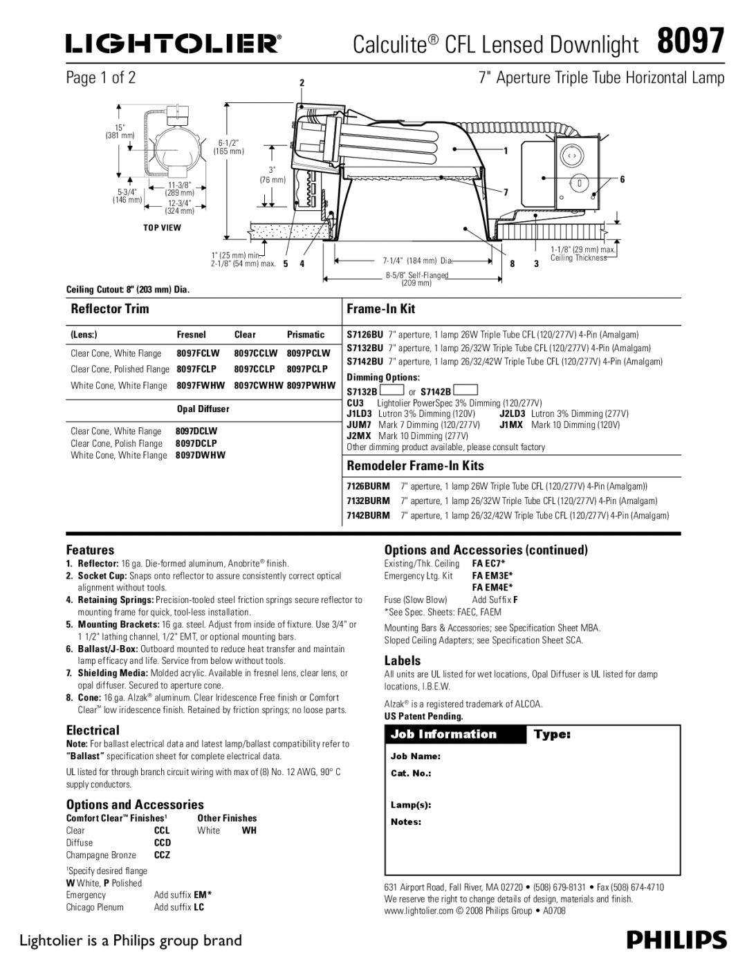 Lightolier 8097 specifications Reflector Trim Frame-In Kit, Features, Electrical, Options and Accessories, Labels 