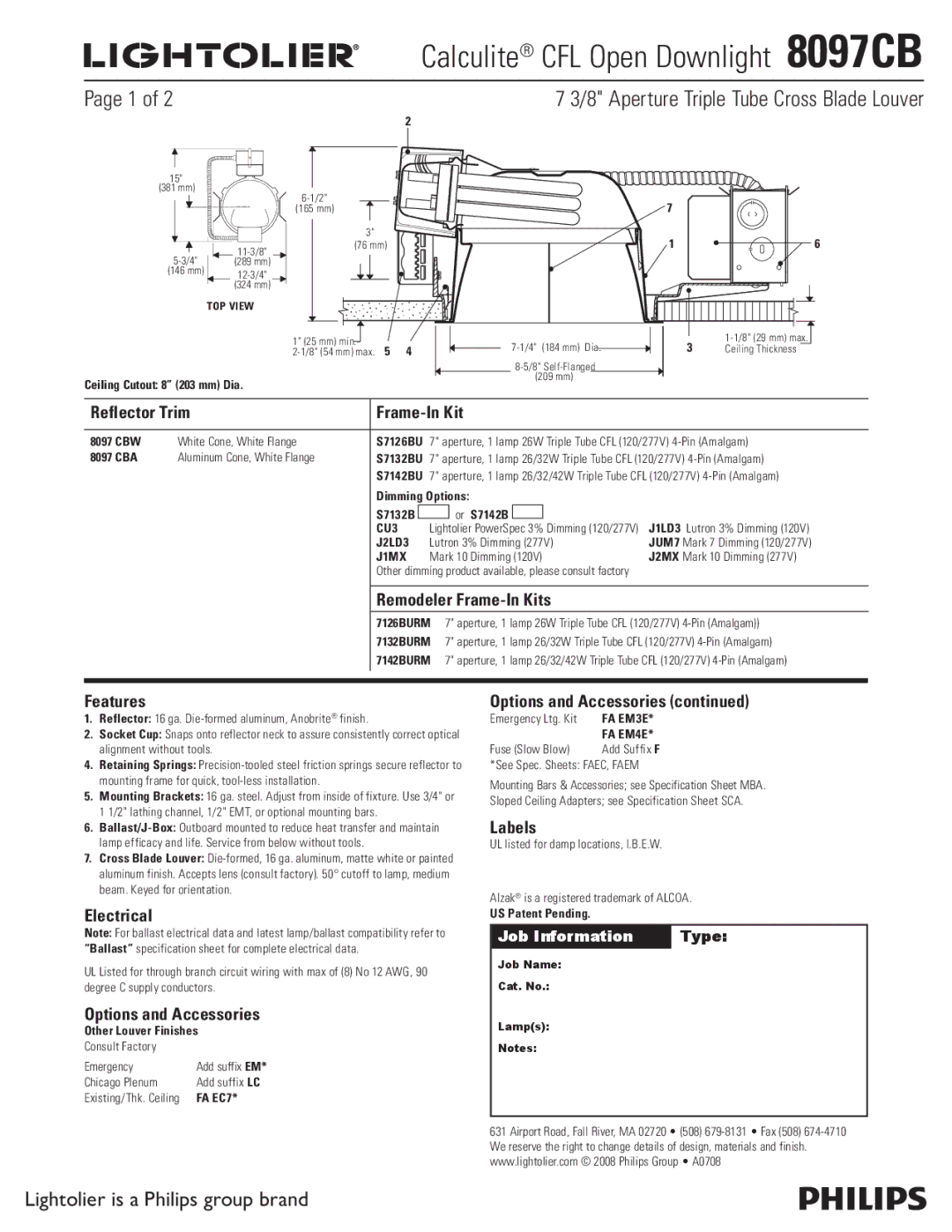 Lightolier 8097CB specifications Reflector Trim Frame-In Kit, Remodeler Frame-In Kits, Features, Electrical, Labels 