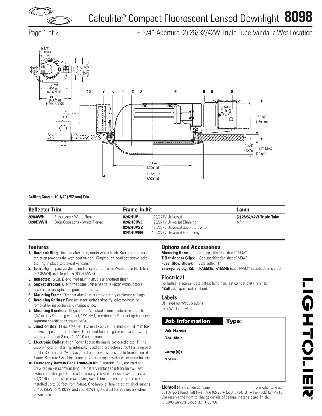 Lightolier 8098 specifications Reﬂector Trim Frame-In Kit Lamp, Features, Options and Accessories, Electrical, Labels 