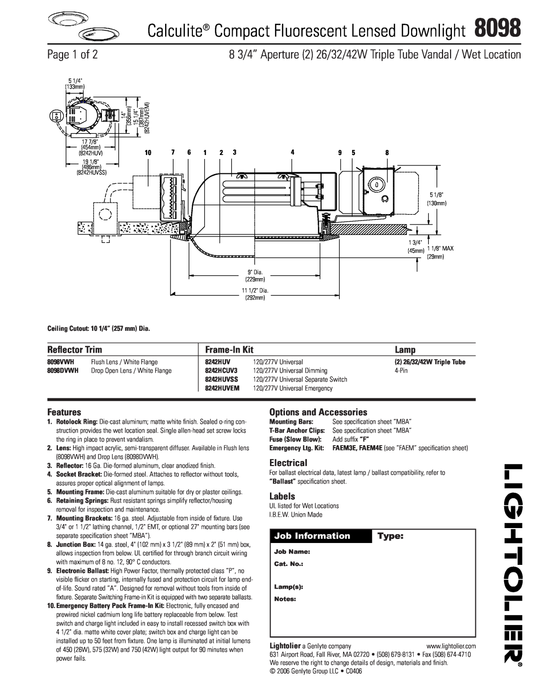 Lightolier 8098 specifications Job Information, Type, Calculite Compact Fluorescent Lensed Downlight, Page 1 of, Lamp 