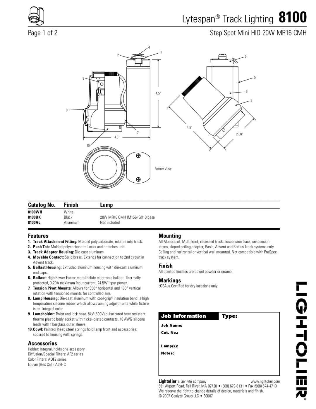 Lightolier 8100 manual Catalog No Finish Lamp, Features, Accessories, Mounting, Markings 