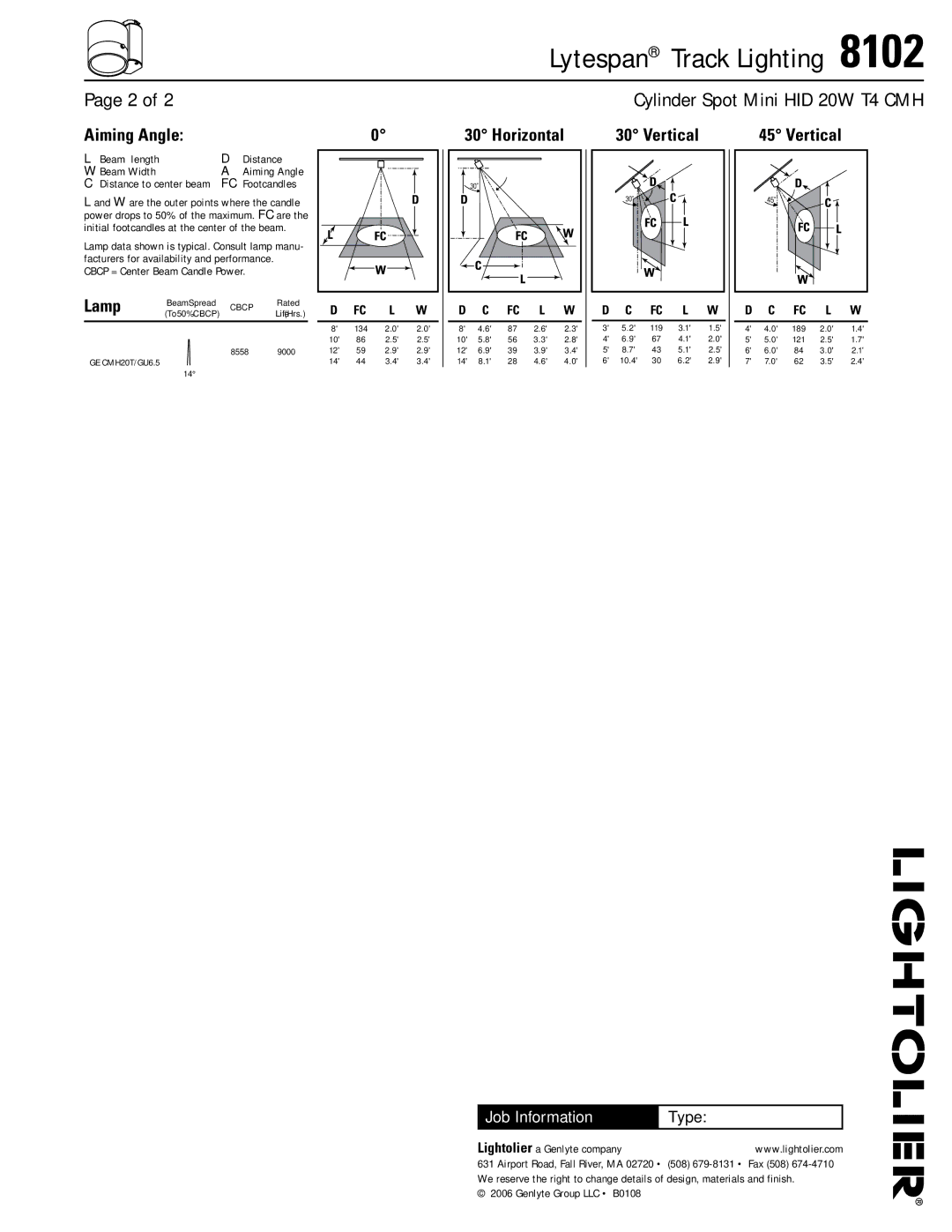 Lightolier 8102 manual Aiming Angle, Horizontal Vertical, Beam length Distance Beam Width, Cbcp = Center Beam Candle Power 