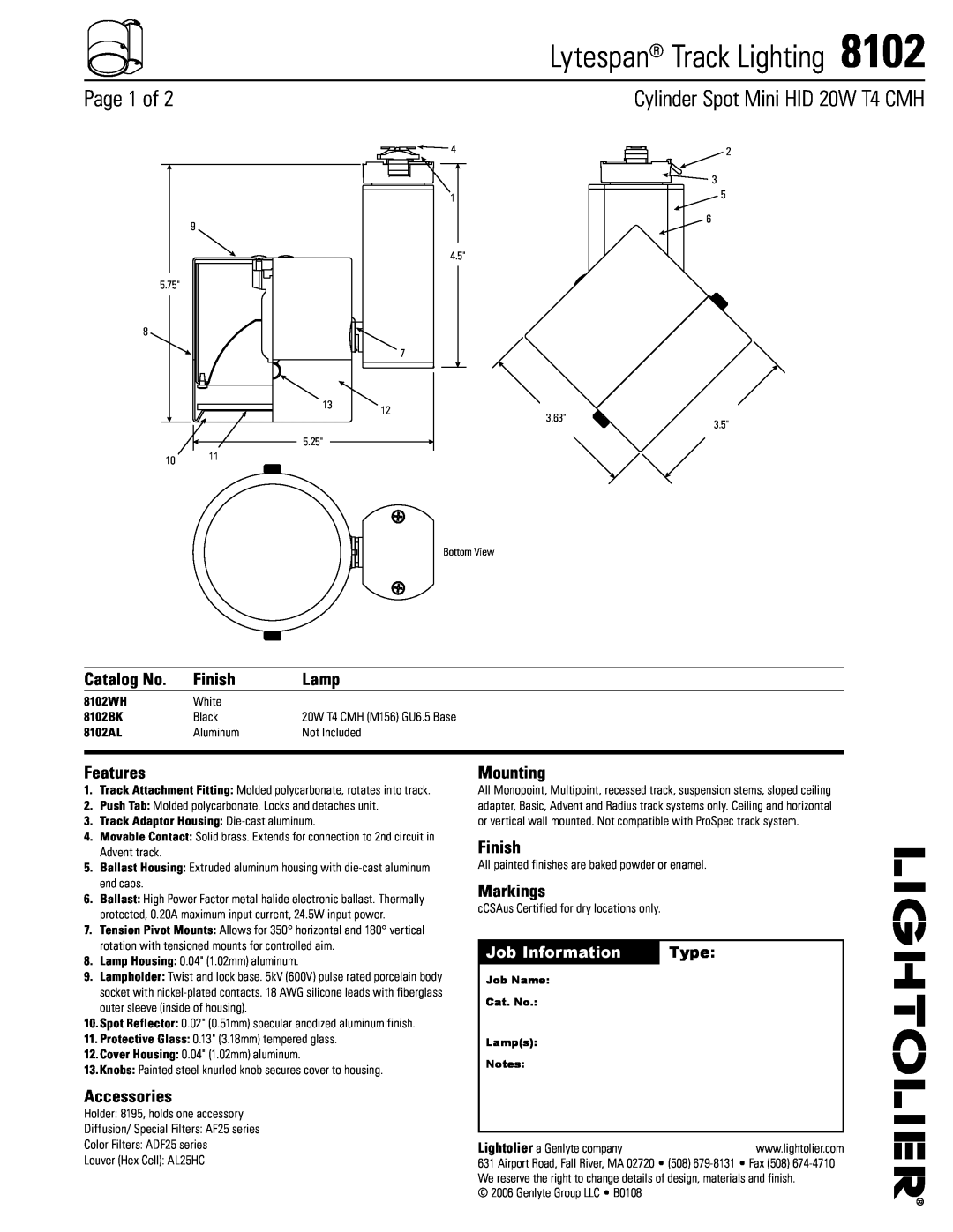 Lightolier 8102 manual Catalog No, Finish, Lamp, Features, Accessories, Mounting, Markings, Job Information, Type, Page of 