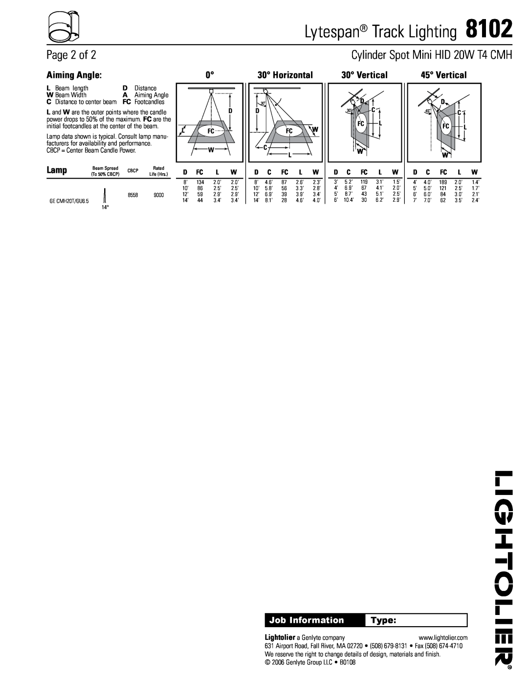 Lightolier 8102 Aiming Angle, Horizontal, Vertical, Lytespan Track Lighting, Page of, Cylinder Spot Mini HID 20W T4 CMH 