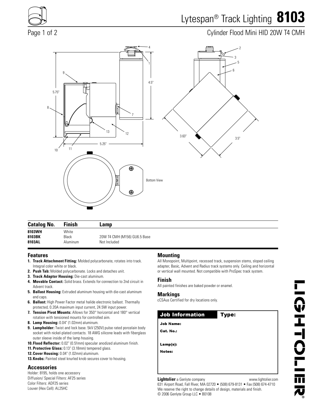 Lightolier 8103 manual Catalog No Finish Lamp, Features, Accessories, Mounting, Markings 