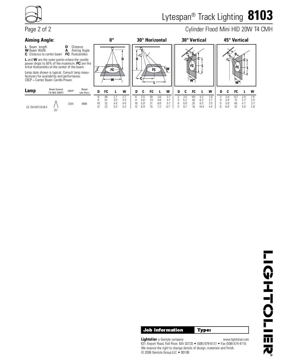 Lightolier 8103 manual Aiming Angle, Horizontal Vertical, Beam length Distance Beam Width, Cbcp = Center Beam Candle Power 