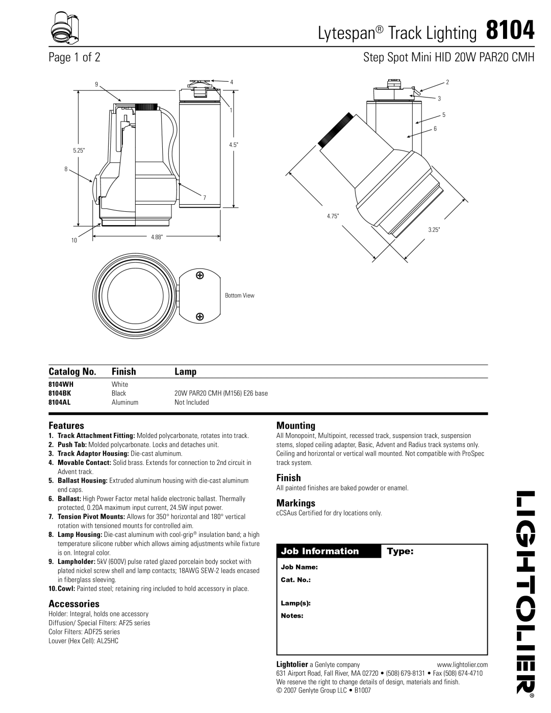 Lightolier 8104 manual Catalog No Finish Lamp, Features, Accessories, Mounting, Markings 