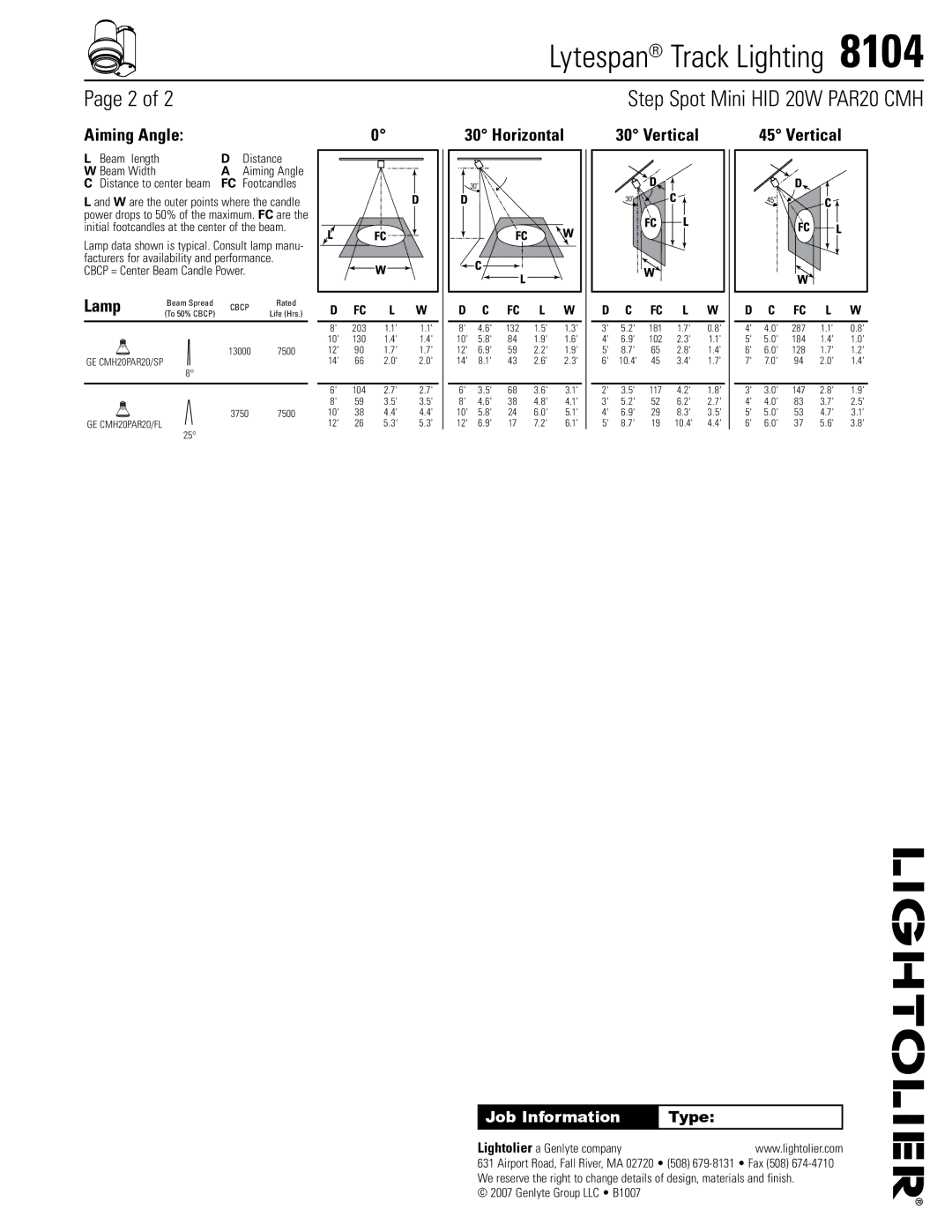 Lightolier 8104 manual Aiming Angle, Horizontal Vertical Lamp, Beam length Distance Beam Width 