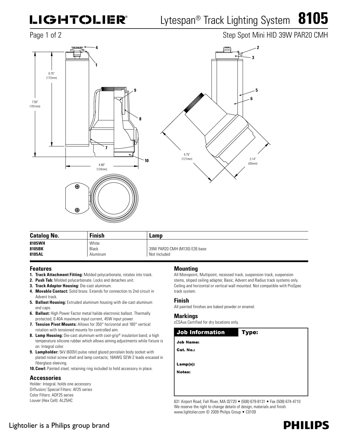 Lightolier 8105 manual Catalog No Finish Lamp, Features, Accessories, Mounting, Markings 