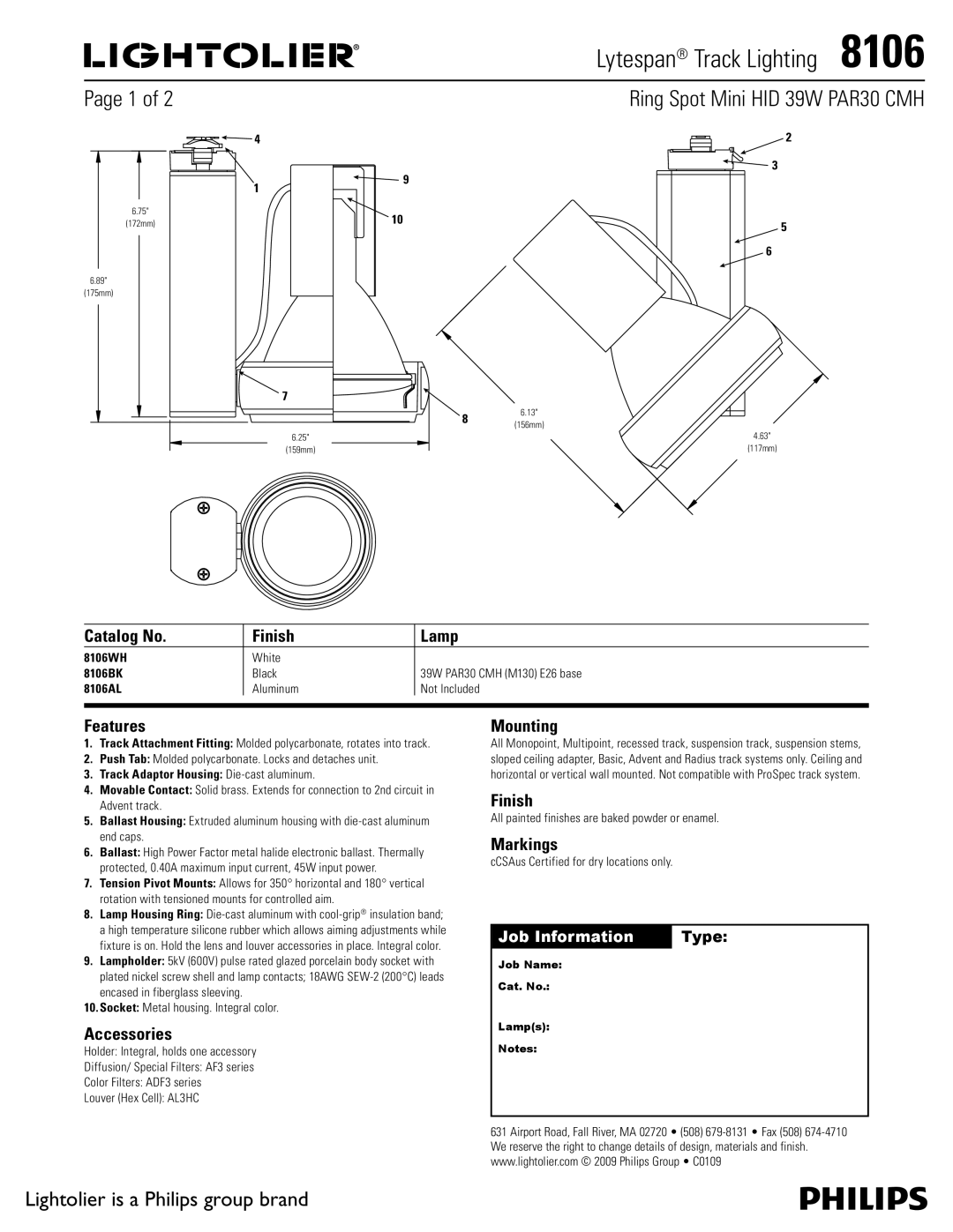 Lightolier 8106 manual Catalog No Finish Lamp, Features, Accessories, Mounting, Markings 