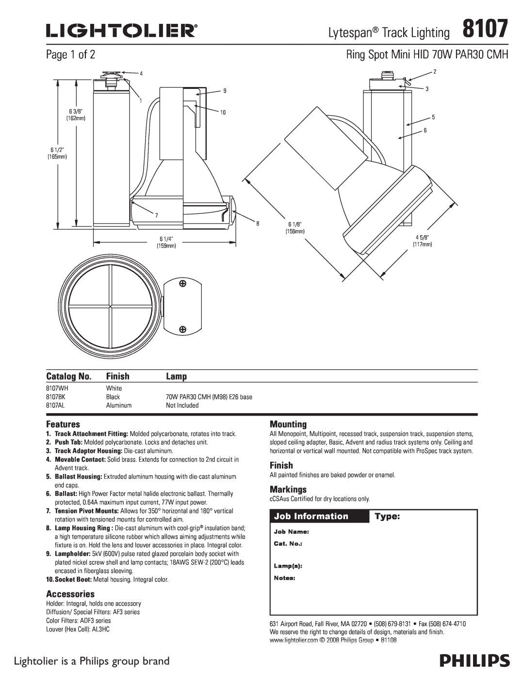 Lightolier manual Lytespan Track Lighting8107, Page 1 of, Ring Spot Mini HID 70W PAR30 CMH, Catalog No, Finish, Lamp 